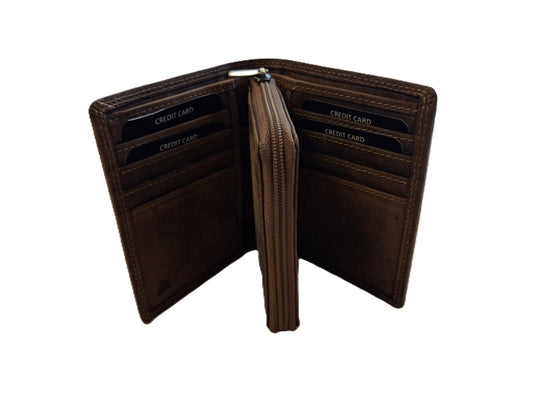 Oi Hunter bruine leren rits portemonneetje los te koppelen uit billfold portemonnee / 2- delige portemonnee / uitneembaar rits beursje / deelbare portemonnee met ruimte voor 8 pasjes / RFID safe / bruin leer / 580H