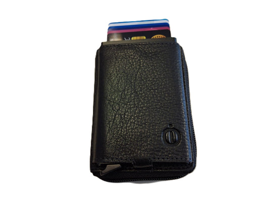 OI zwarte leren ritsportemonnee met Figuretta pasjeshouder / Compact portemonneetje met Cardprotector en veel plek voor muntgeld / beursje met ruim ritsvak met RFID SAFE kastje / metalen pasjeshouder in anti skim ritsportemonnee / zwart leer /646