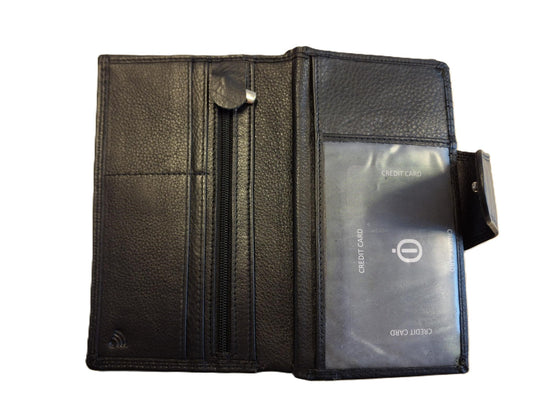 Oi zwarte leren portefeuille smal model / Groot afsluitbaar pasjesmapje voor veel pasjes met ruimte voor contant geld / platte damesportemonnee afsluitbaar / beveiligd tegen skimmen / zwart leer / 613