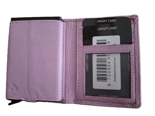 OI lila /roze leren portemonnee met Figuretta pasjeshouder en plaats voor klein geld / Compact portemonneetje met Cardprotector en muntvak / compleet beursje met RFID SAFE kastje / metalen pasjeshouder in anti skim portemonnee / lilac leer / 145LILA