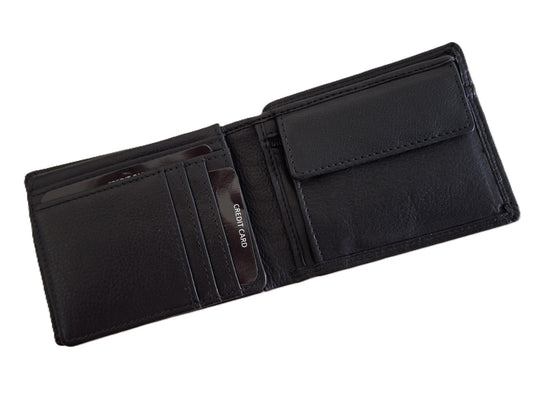 Oi zwarte leren herenportemonneetje met ritsvak voor kleingeld / kleine platte billfold met rits voor munten / compact beursje voor 9 pasjes / RFID safe / zwart leer / 621