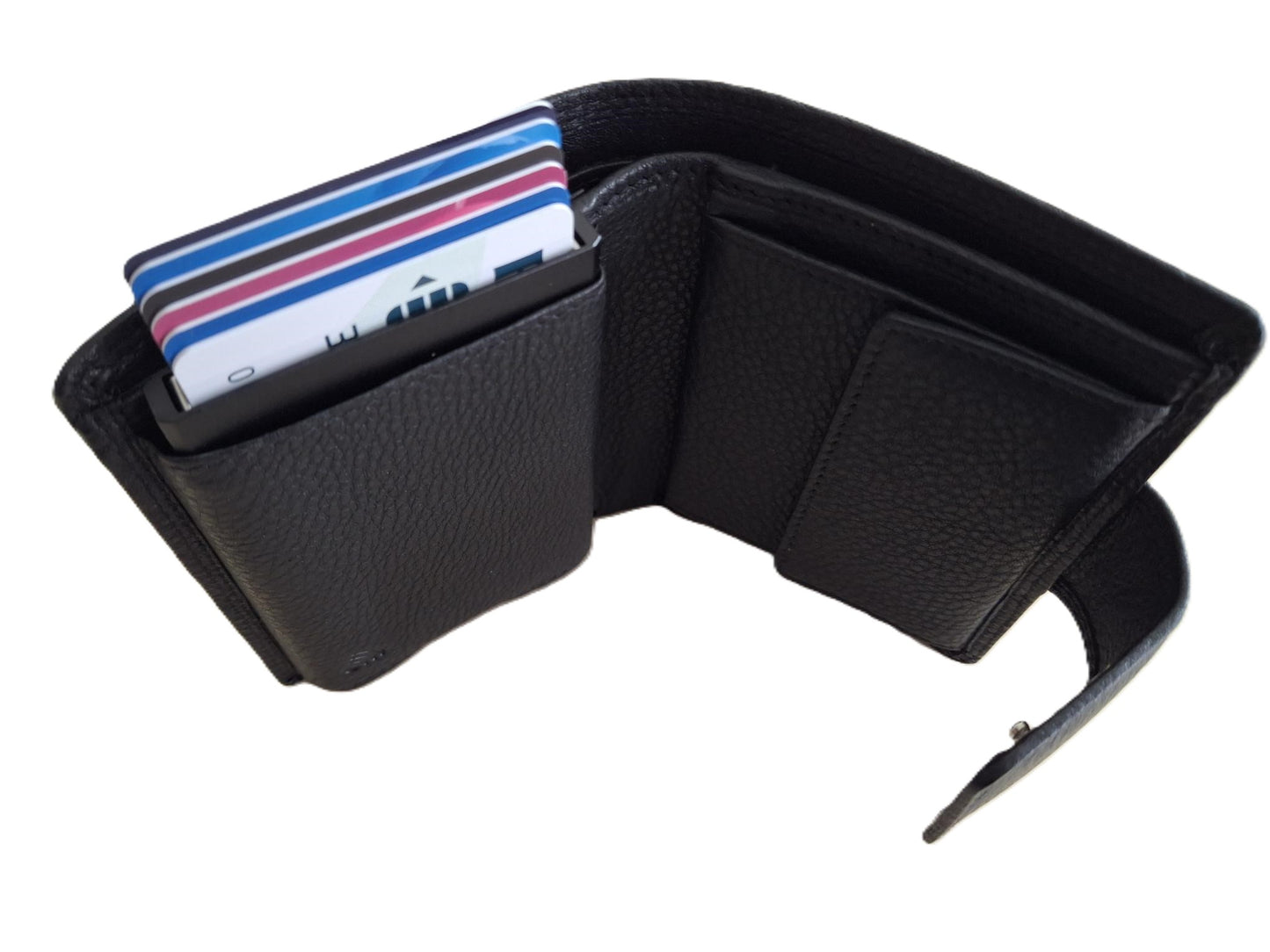 Oi zwarte leren billfold met Cardprotector afsluitbaar / normale portemonnee met Figuretta pasjeshouder en lip om af te sluiten / complete portemonnee met anti skim kastje / leren beurs met metalen pasjeshouder / zwart / 671