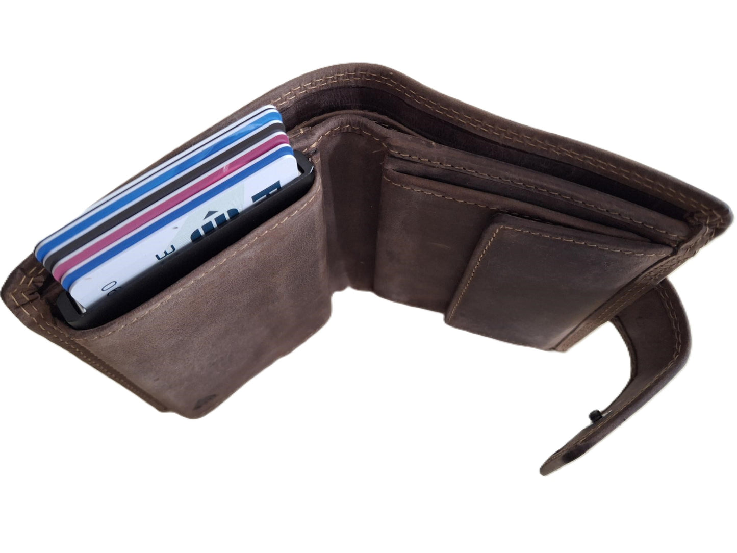 Oi Hunter bruine leren billfold met Cardprotector afsluitbaar / normale portemonnee met Figuretta pasjeshouder en lip om af te sluiten / complete portemonnee met anti skim kastje / leren beurs met metalen pasjeshouder / bruin leer / 671H