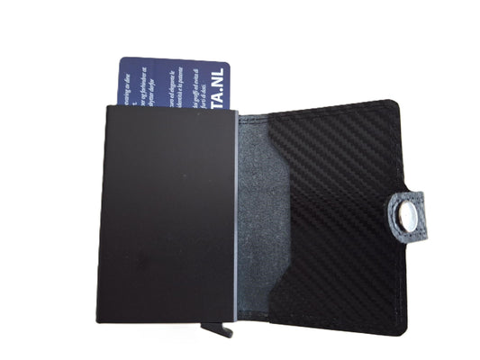 Oi zwart Carbon-look lederen mapje met Cardprotector / kleinste portemonneetje met Figuretta pasjeshouder zonder muntvak / plat lederen beursje met anti skim kastje / leren beursje met metalen pasjeshouder / zwart leer / 670Carbon