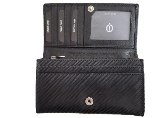 OI zwarte "Carbon-look" leren dames portemonnee met klep / platte huishoudbeurs / lange envelopportemonnee afsluitbaar / RFID protected / zwart met patroontje / 677Carbon