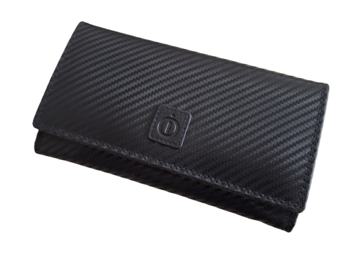 OI zwarte "Carbon-look" leren dames portemonnee met klep / platte huishoudbeurs / lange envelopportemonnee afsluitbaar / RFID protected / zwart met patroontje / 677Carbon