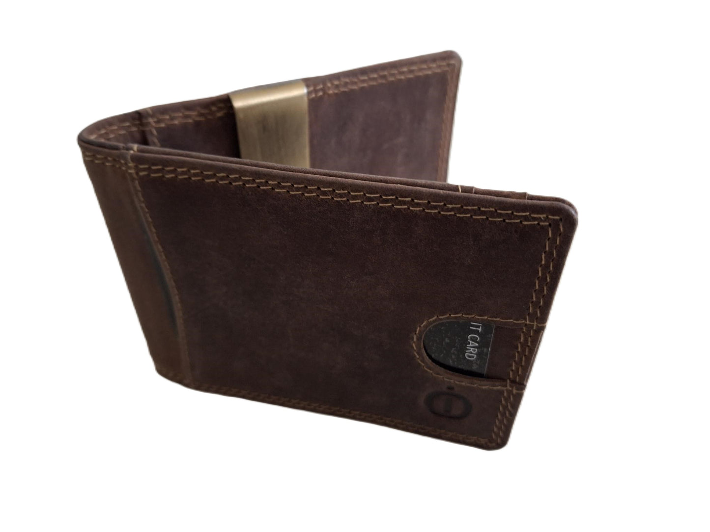 Oi Hunter bruine leren billfold met dollarclip / herenportemonnee met geldklem en ruimte voor pasjes / platte portemonnee zonder kleingeldvak / RFID SAFE / bruin / 681H