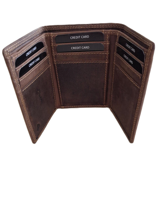 Oi Hunter bruine leren Trifold wallet / Drieluik portemonnee met ruimte voor veel pasjes en biljetten / platte beurs hoog model zonder muntvak / RFID SAFE / bruin leer / 683H