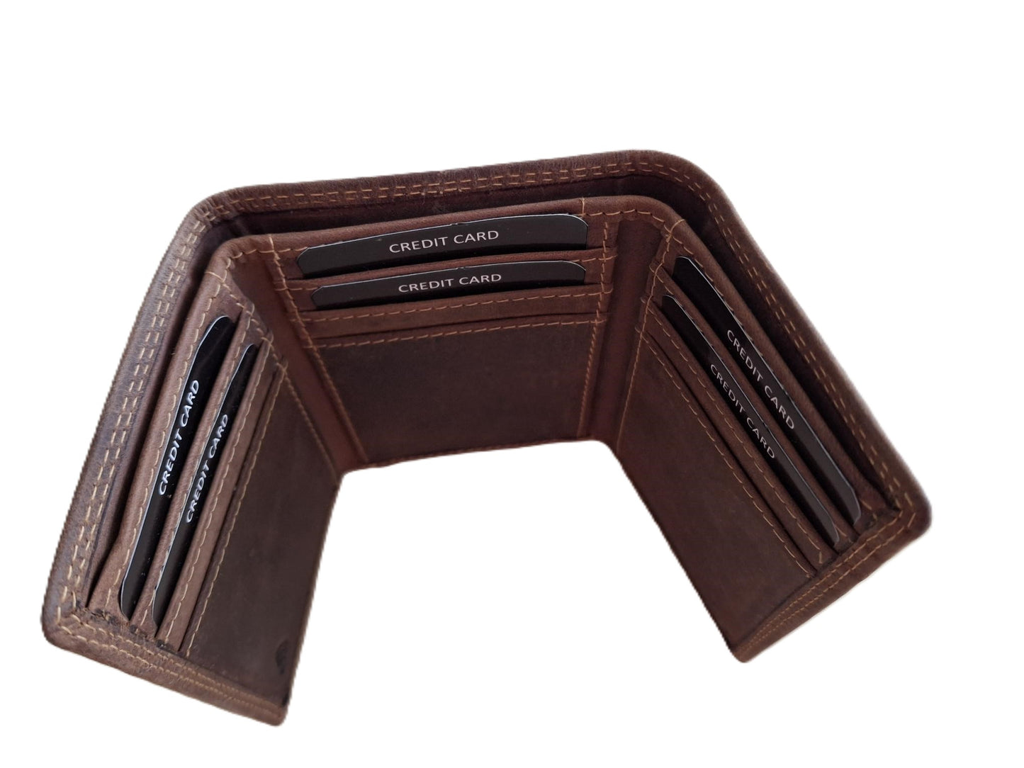 Oi Hunter bruine leren Trifold wallet / Drieluik portemonnee met ruimte voor veel pasjes en biljetten / platte beurs hoog model zonder muntvak / RFID SAFE / bruin leer / 683H