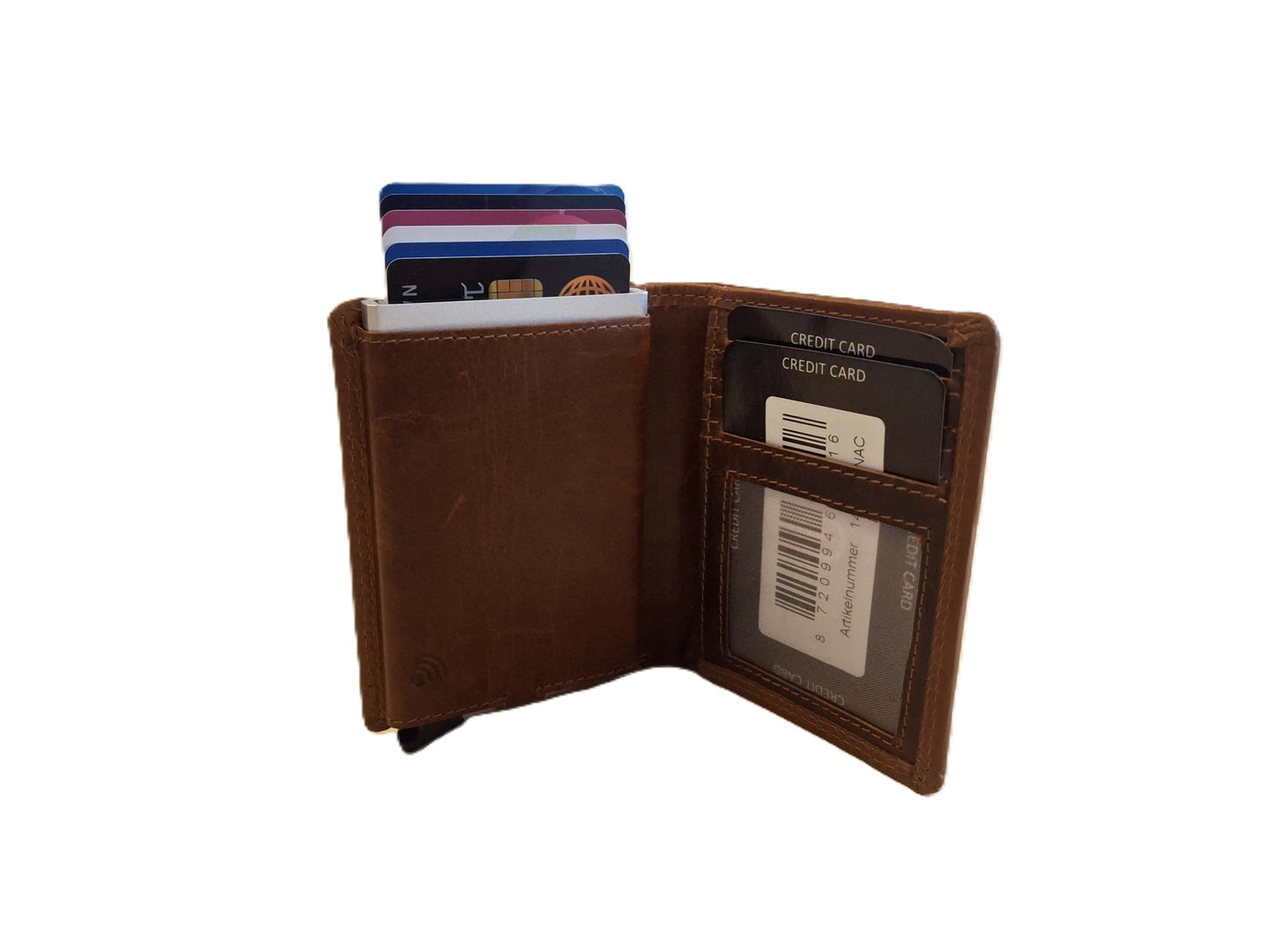 OI LUXE cognac bruine leren portemonnee met Figuretta pasjeshouder zonder ritsje / Compact portemonneetje met Cardprotector zonder muntvak / plat beursje met RFID SAFE kastje / metalen pasjeshouder in anti skim portemonnee / cognac leer / 145ACOGNAC