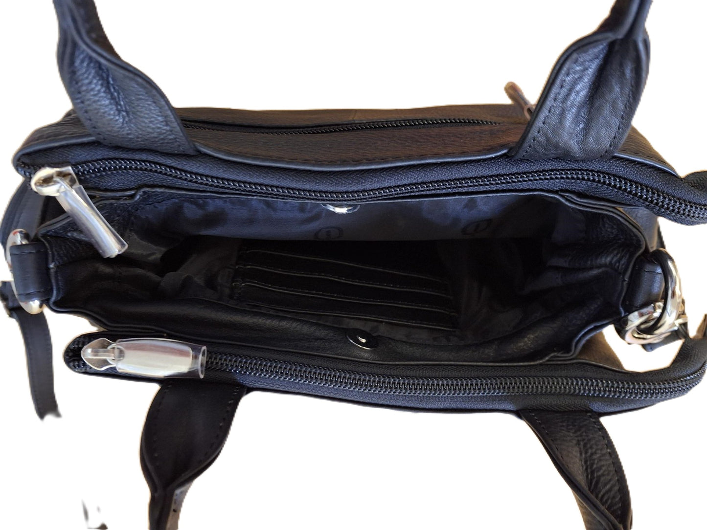 Oi zwarte lederen Schoudertas Trapezium veel vakken / ruime 3 vaks handtas met schouderband / soepele lichtgewicht damestas met handvatten en schouderband / zwart leer / 552