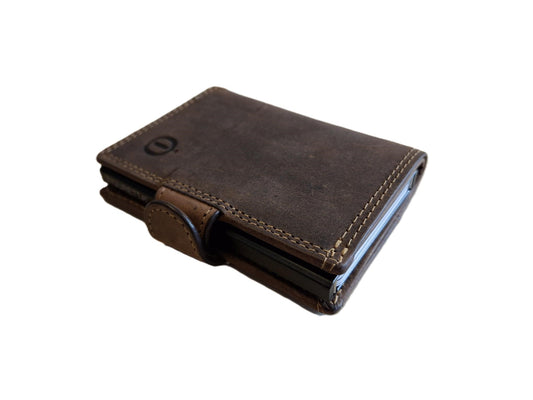 Oi Hunter bruine leren portemonnee met figuretta Cardprotector zonder muntvak / compacte beurs met metalen pasjeshouder / anti skim kastje in zeer kleine portemonnee / bruin leer /534AH