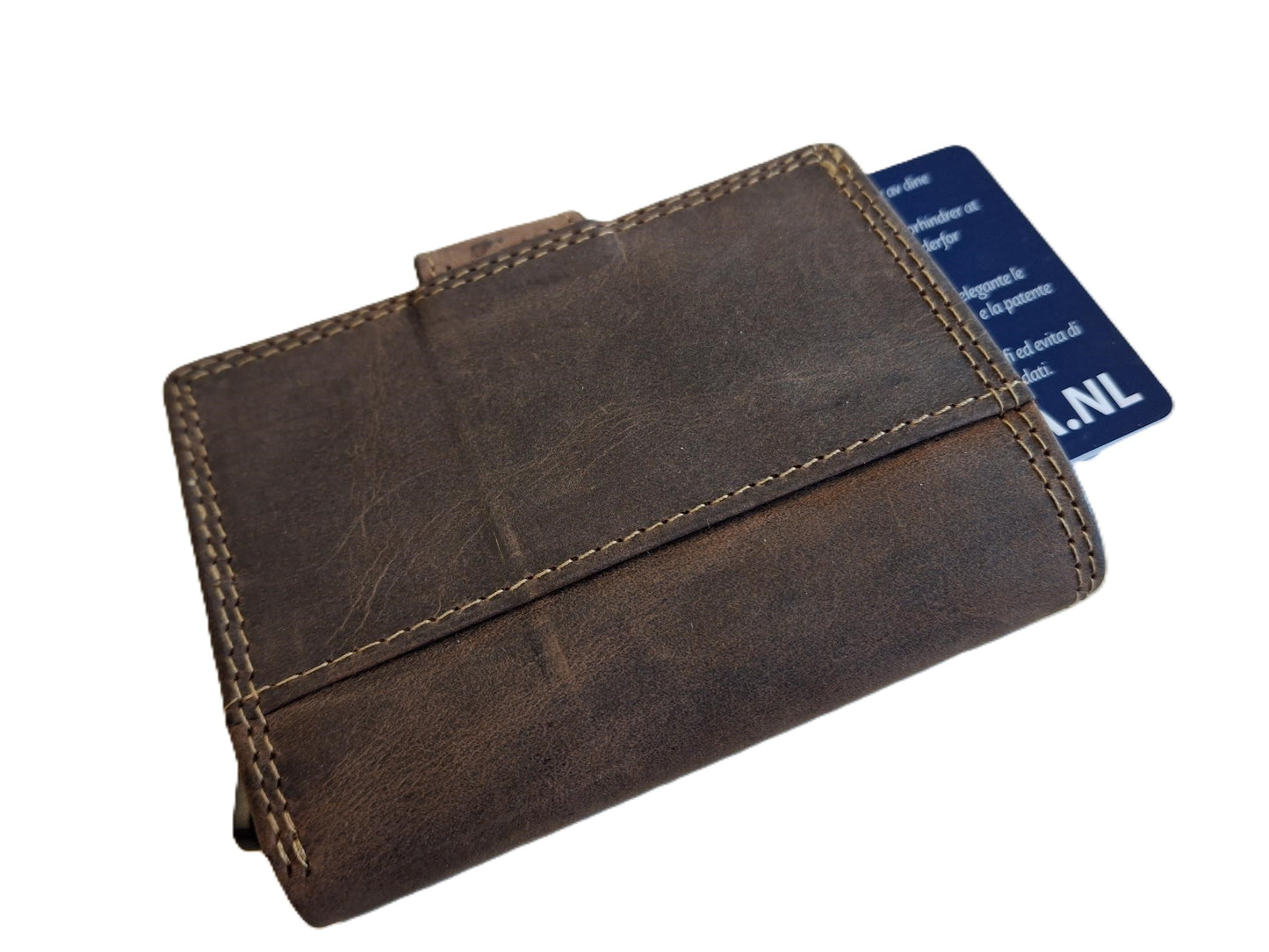 Oi Hunter bruine leren portemonnee met figuretta Cardprotector zonder muntvak / compacte beurs met metalen pasjeshouder / anti skim kastje in zeer kleine portemonnee / bruin leer /534AH