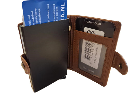 Oi zand- camel kleurige leren portemonnee met figuretta Cardprotector zonder muntvak/ compacte beurs met metalen pasjeshouder / anti skim kastje in zeer kleine portemonnee / cognac - camel kleurig leer/ 534AVC