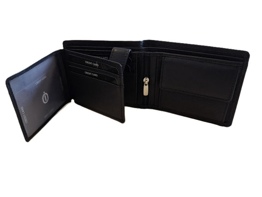 OI zwarte lederen heren portemonnee / kleinere maat billfold laag model / herenbeurs voor 8 pasjes / anti skim / zwart / 181