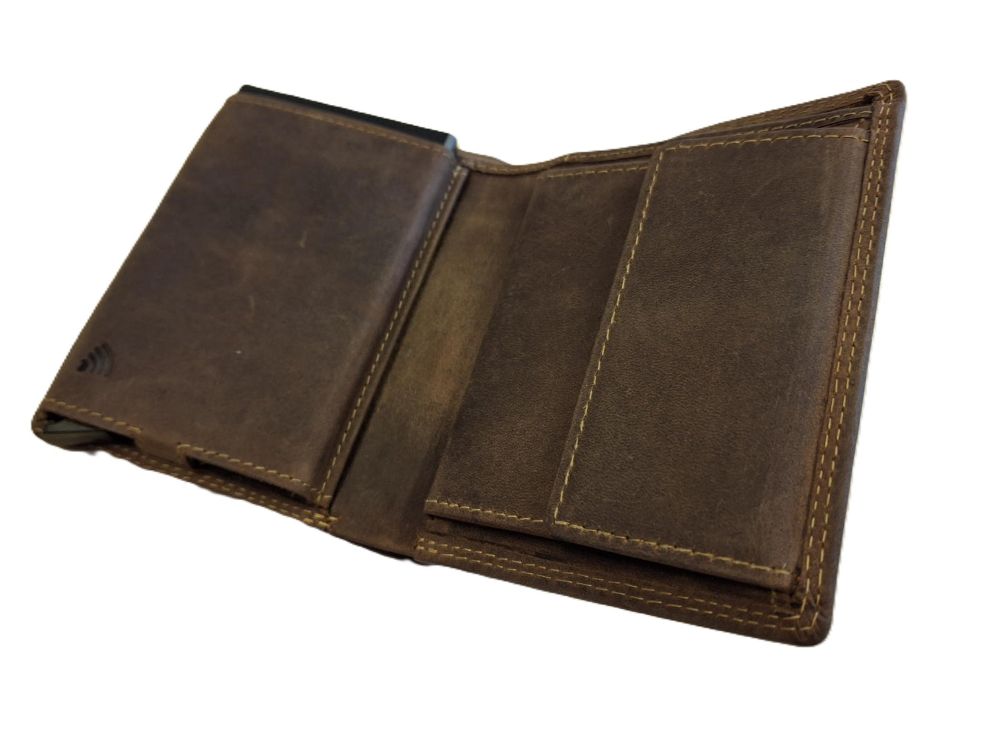 OI Hunter bruine leren billfold met cardprotector / normale portemonnee met Figuretta pasjeshouder / complete portemonnee met anti skim kastje / leren beurs met metalen pasjeshouder / bruin leer / 115H