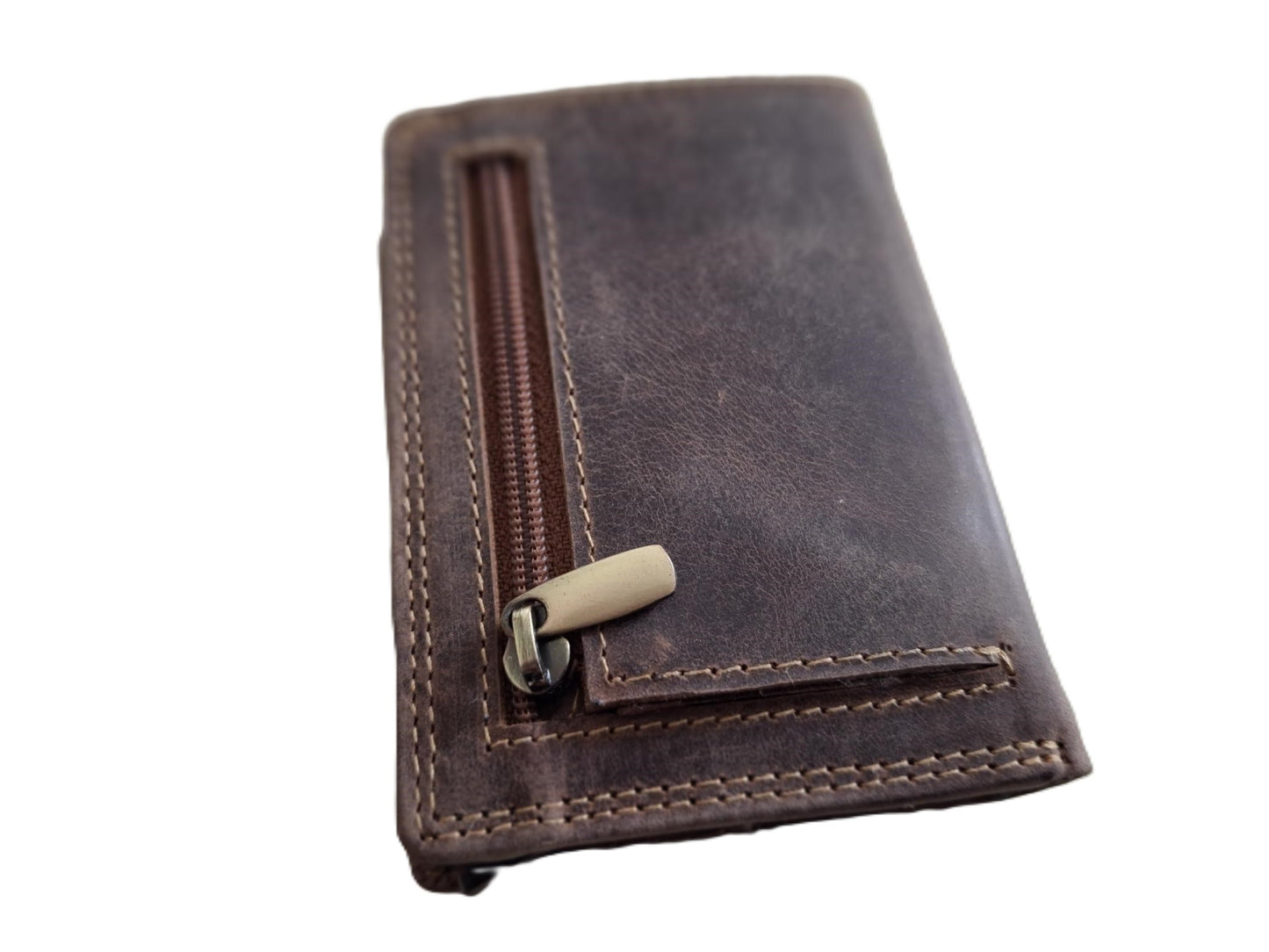 OI Hunter bruine leren portemonnee met Figuretta pasjeshouder en plaats voor klein geld / Compact portemonneetje met Cardprotector en muntvak / compleet beursje met RFID SAFE kastje / metalen pasjeshouder in anti skim portemonnee / bruin leer / 145H