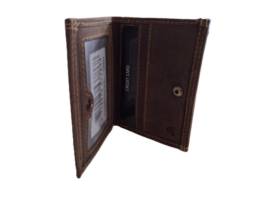 OI lederen afsluitbaar portemonneetje Hunter bruin / zeer compact beursje / kleine maar complete Hunter bruine portemonnee / anti skim / bruin / 150H