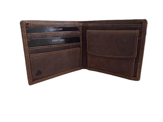 OI Hunter bruine leren heren portemonnee klein / kleinste model billfold waar biljetten in passen / plat beursje voor 4 pasjes / RFID SAFE / Hunter bruin / 183H