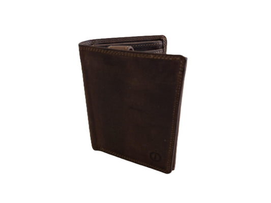 Oi Hunter bruine lederen herenportemonnee / hoog model billfold met 2 grote zichtvakken / herenbeurs voor veel pasjes met lipje binnenin / anti skim / bruin leer / 566H