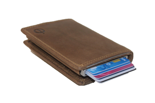 OI compacte portemonnee met cardprotector / pasjeshouder en 3 extra pasjes / Hunter bruin leer /anti skim 145
