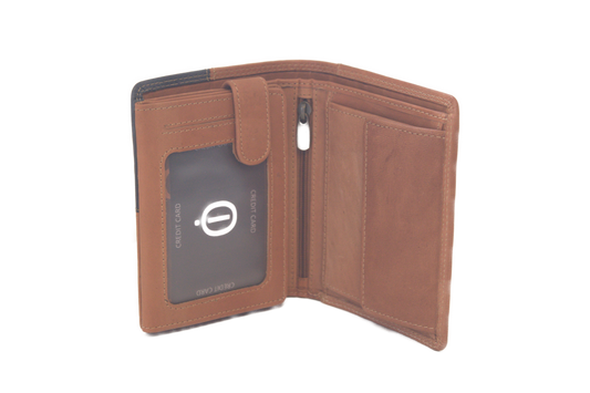 OI licht bruin-blauw lederen heren portemonnee / cognac-blauw geblokte leren billfold hoog model / beurs voor veel pasjes / RFID SAFE / 175