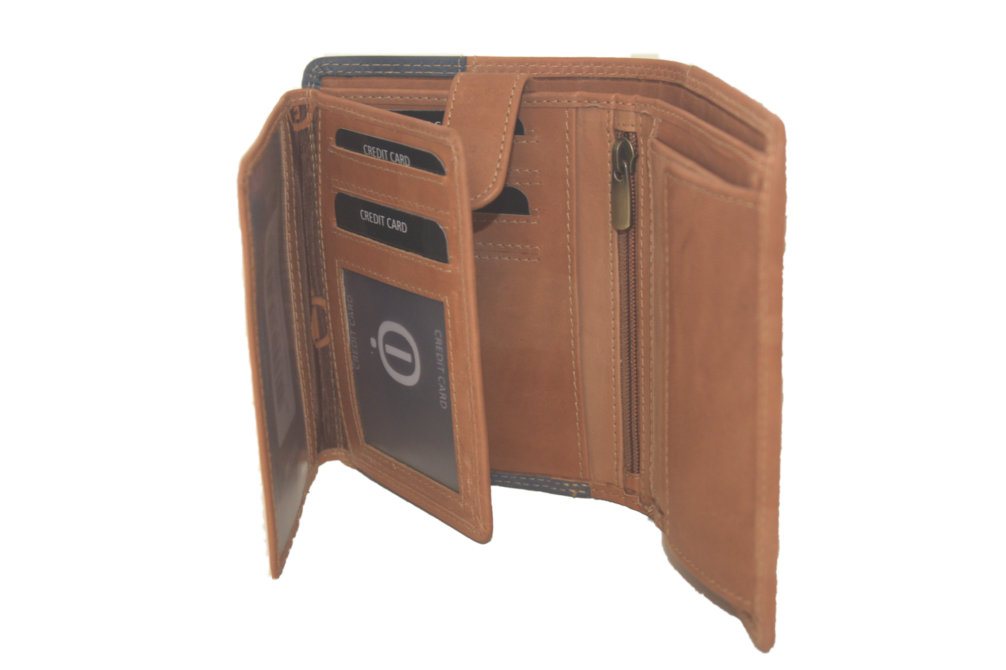 OI licht bruin-blauw lederen heren portemonnee / cognac-blauw geblokte leren billfold hoog model / beurs voor veel pasjes / RFID SAFE / 175