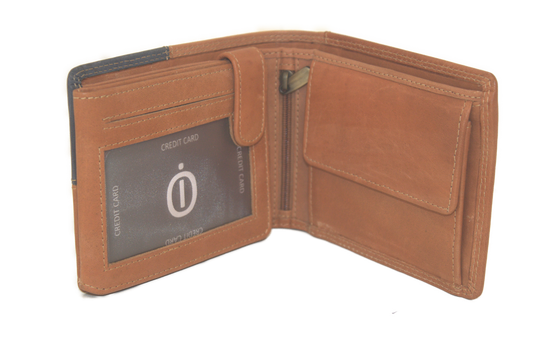 OI licht bruin-blauw lederen heren portemonnee / cognac-blauw geblokte leren billfold laag model / beurs voor veel pasjes / RFID SAFE / 176
