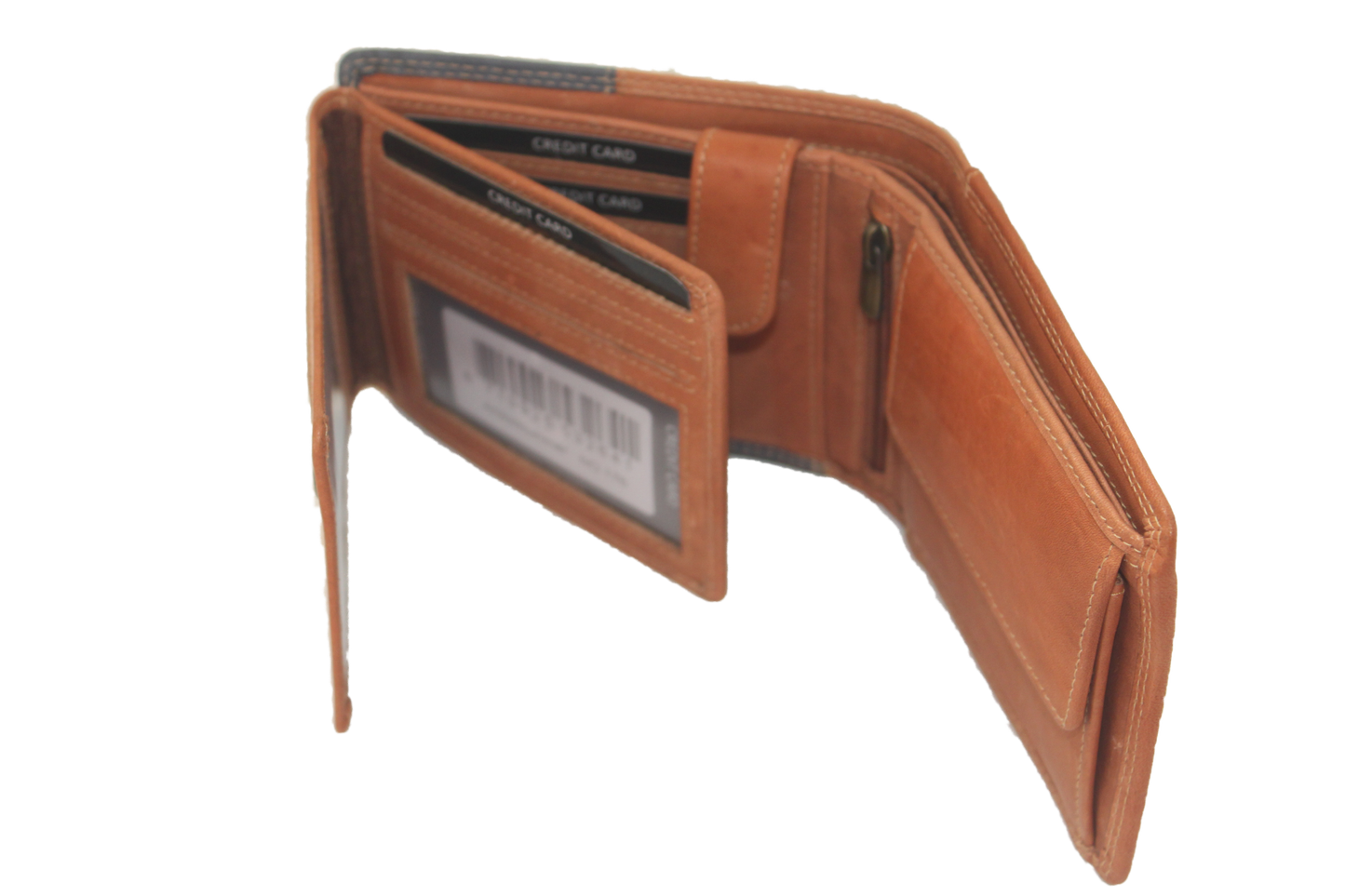 OI licht bruin-blauw lederen heren portemonnee / cognac-blauw geblokte leren billfold laag model / beurs voor veel pasjes / RFID SAFE / 176