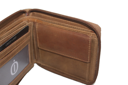 OI Hunter bruine leren heren portemonnee afgesloten met rits / geheel afgesloten billfold laag model / herenbeurs met rits rondom / anti skim / bruin / 201H