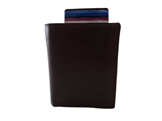 OI LUXE zwarte leren billfold met cardprotector / normale portemonnee met Figuretta pasjeshouder / complete portemonnee met anti skim kastje / leren beurs met metalen pasjeshouder / glad bruin leer / 115Brown CRUNCH