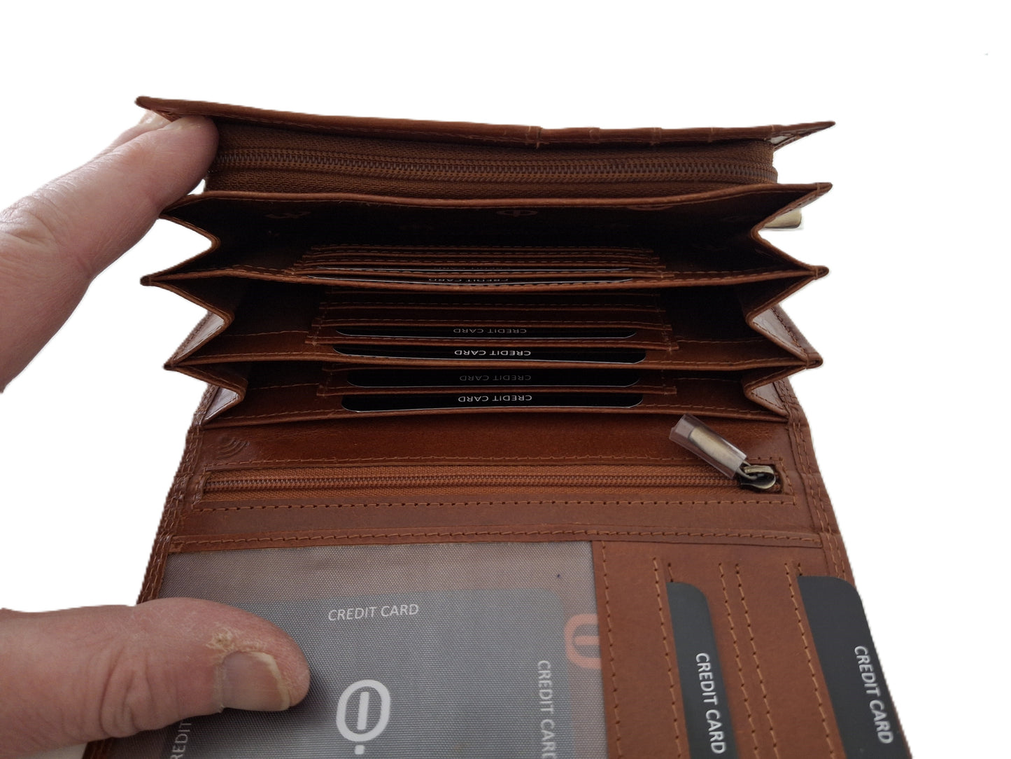 Luxe lange Overslagportemonnee / Ruime dames beurs / extra pasjes / Skim veilig / 211 Crunch cognac