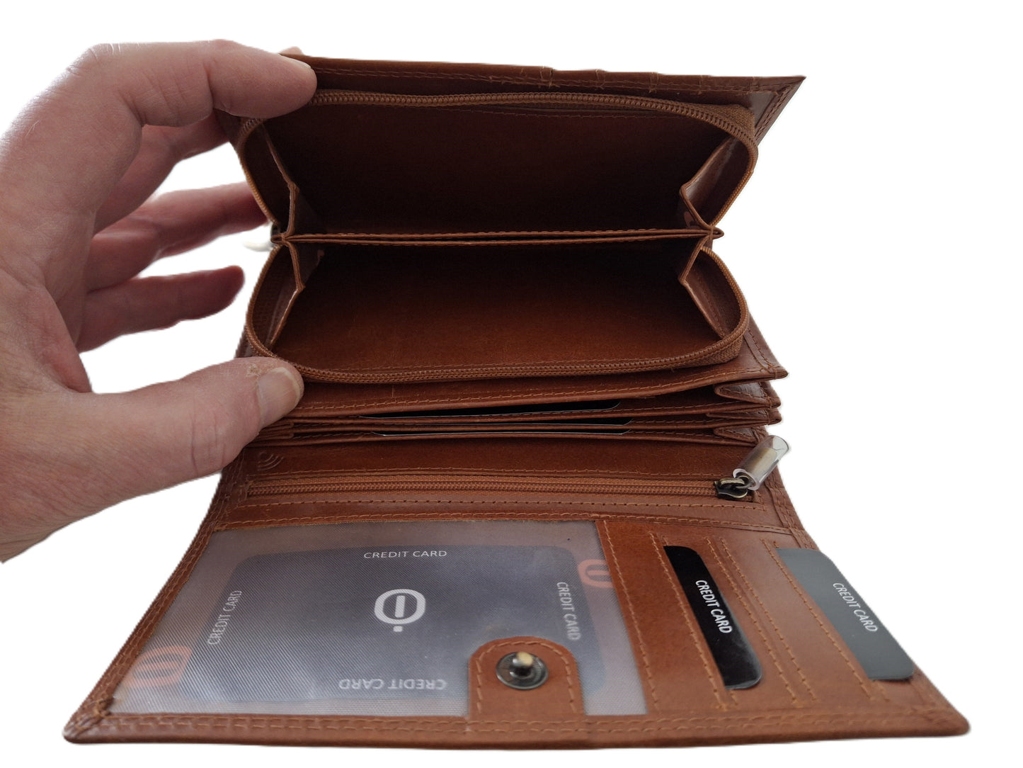 Luxe lange Overslagportemonnee / Ruime dames beurs / extra pasjes / Skim veilig / 211 Crunch cognac