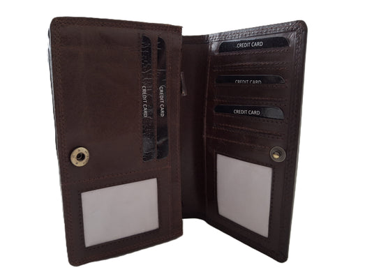 Oi LUXE "antiek" bruine leren Europortemonnee met soufflé / halflange harmonicaportemonnee voor dames / overslag beurs die dikker kan worden / skim veilig / donker bruin / 214Brown Crunch