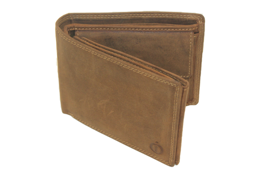 OI heren Billfold laag, Hunter bruine leren portemonnee met dubbel bakje voor kleingeld / leer 223H