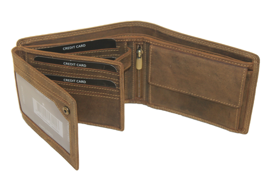 OI heren Billfold laag, Hunter bruine leren portemonnee met dubbel bakje voor kleingeld / leer 223H