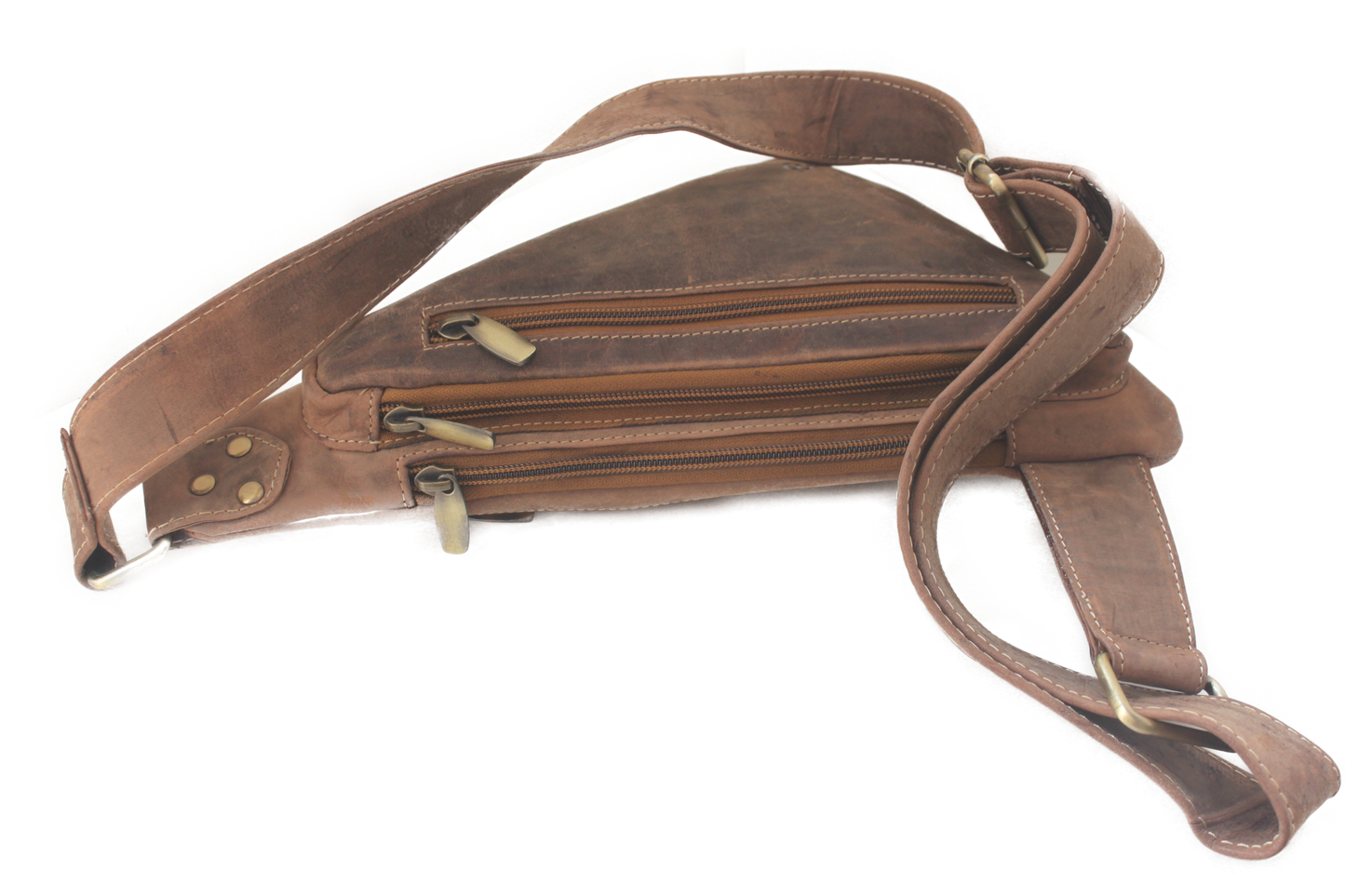 Leren triangel/ driehoek Crossbody tas/ rund leder/ om schuin te dragen / Hunter bruin 228H