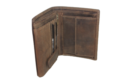 Oi Hunter bruine leren Billfold portemonnee hoog model / hoog model portemonnee met dubbel kleingeld vak / herenbeurs met 2 vakjes voor muntgeld / Anti skimming / bruin leer / 229H