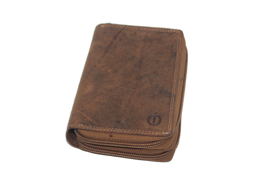OI leren dubbele ritsportemonnee / Groot / geheel afsluitbaar met ritsen / Hunter bruin leder / Anti skimming 233H