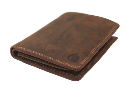 Oi Hunter bruine leren Billfold hoog model met opstaand muntvak / heren portemonnee met kleingeldvak horizontaal / platte ruime beurs met opening kleingeld vak naar boven / RFID SAFE / bruin leer / 235H
