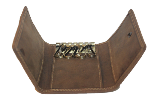 OI leren Sleutelbeursje / ouderwetse Sleuteletui met haakjes / Hunter bruin leder / 238H