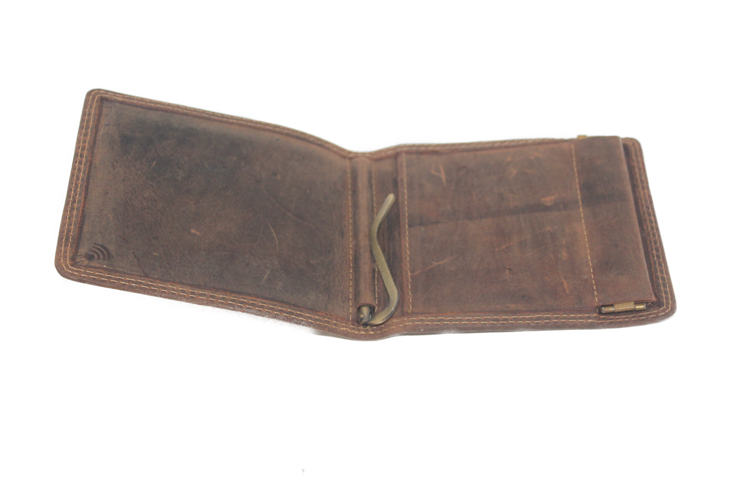 OI leren Dollarclip met klappertje voor kleingeld/ billfold met klapportemonneetje en knijpbeursje / Bruin Hunter leder 247H