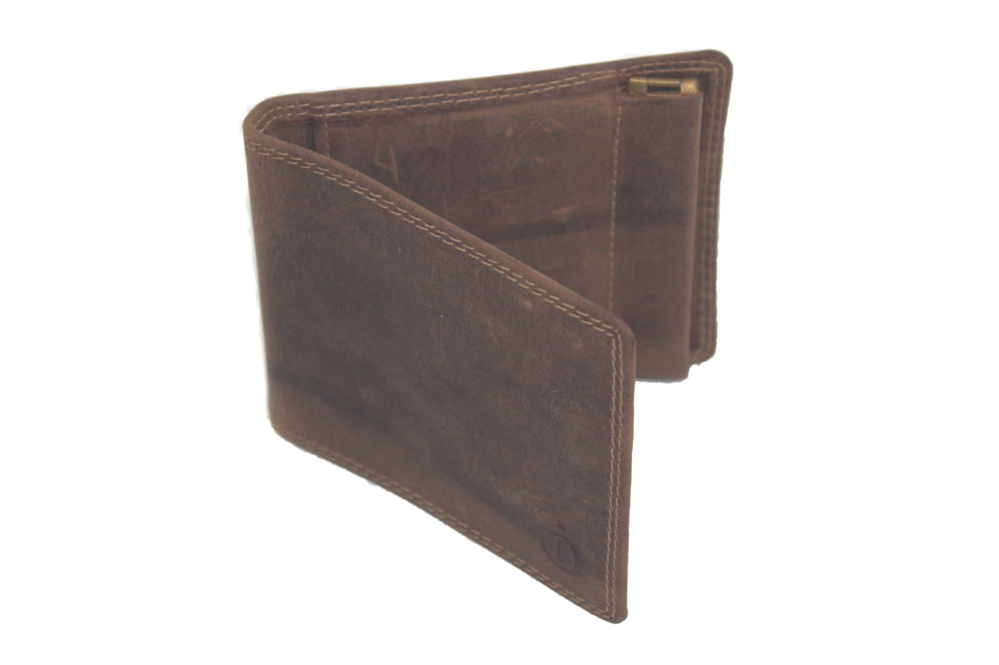 OI leren Dollarclip met klappertje voor kleingeld/ billfold met klapportemonneetje en knijpbeursje / Bruin Hunter leder 247H