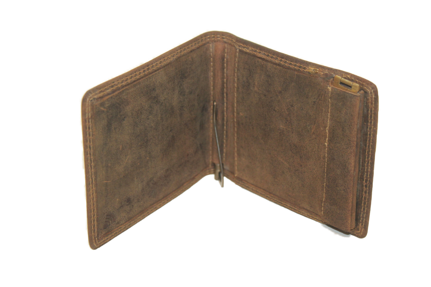 OI leren Dollarclip met klappertje voor kleingeld/ billfold met klapportemonneetje en knijpbeursje / Bruin Hunter leder 247H