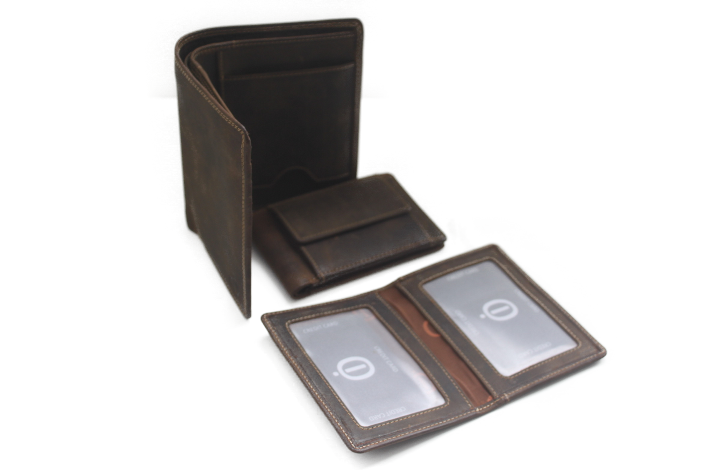 OI Driedelige leren billfold Groot / 3 portemonnees in 1 / Skim beveiligd / Hunter bruin 268H