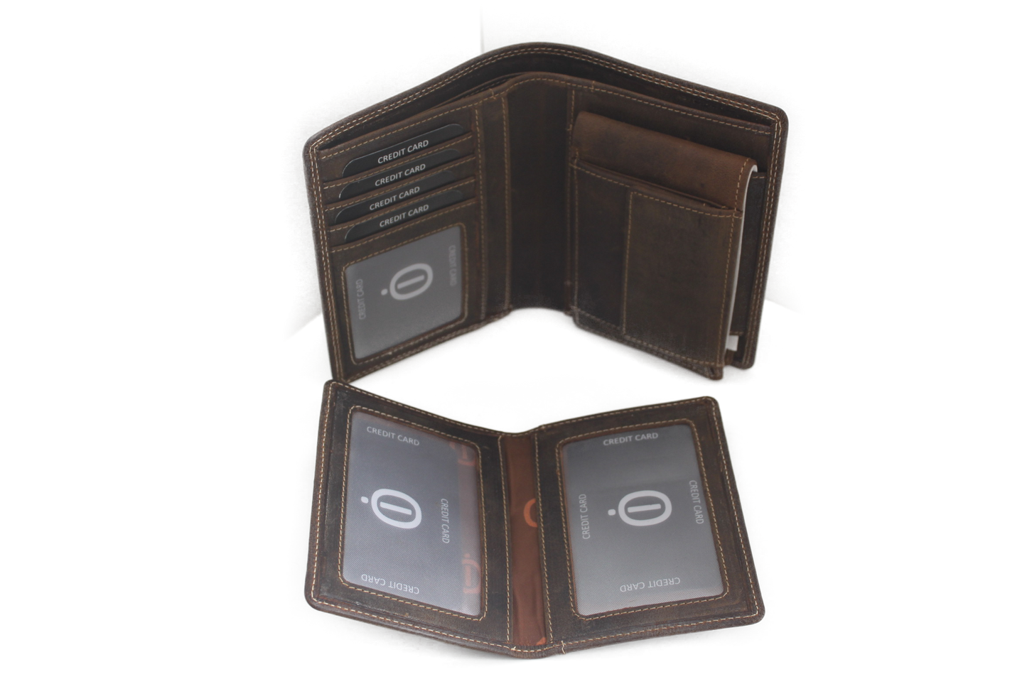 OI Driedelige leren billfold Groot / 3 portemonnees in 1 / Skim beveiligd / Hunter bruin 268H