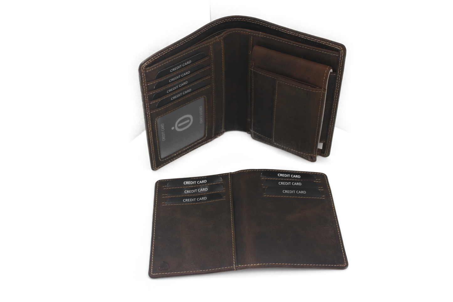 OI Driedelige leren billfold Groot / 3 portemonnees in 1 / Skim beveiligd / Hunter bruin 268H