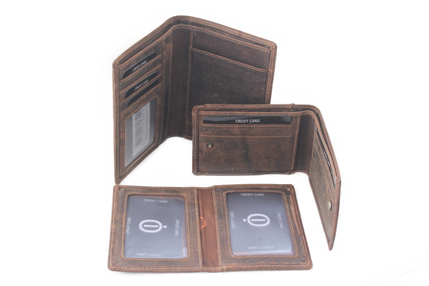 OI Driedelige leren billfold Groot / 3 portemonnees in 1 / Skim beveiligd / Hunter bruin 268H