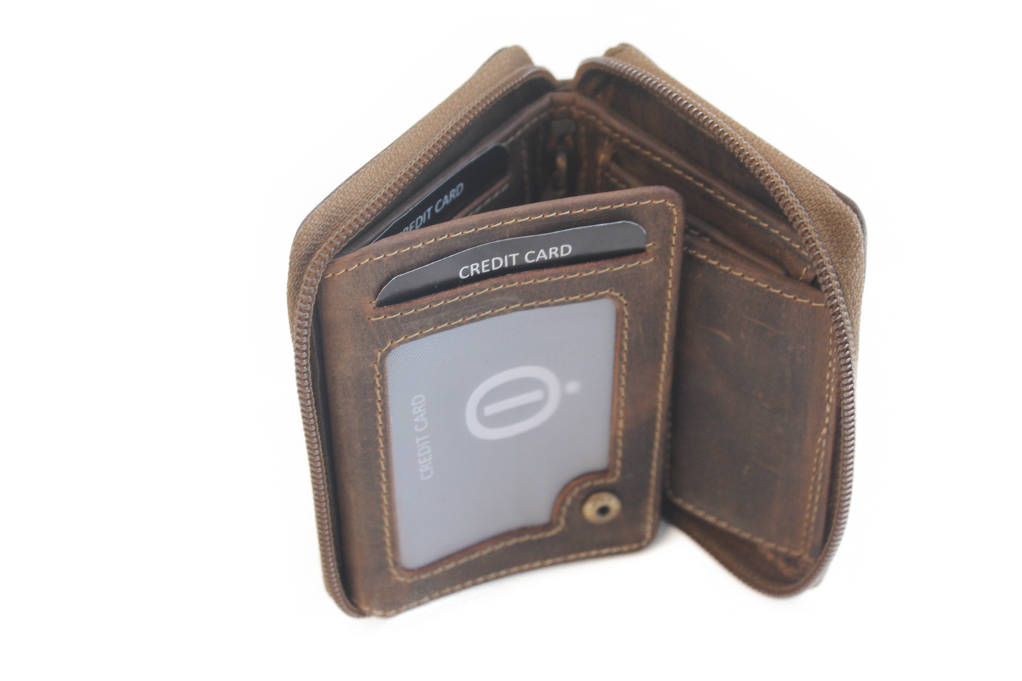 OI Kleine leren billfold hoog afsluitbaar / rits beursje / skim safe / Hunter bruin 274H