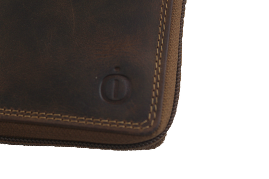 Oi Hunter bruine leren billfold zeer compact afsluitbaar / klein rits portemonneetje / zeer handzaam maar compleet beursje volledig afgesloten met rits / RFID safe / bruin leer / 274H